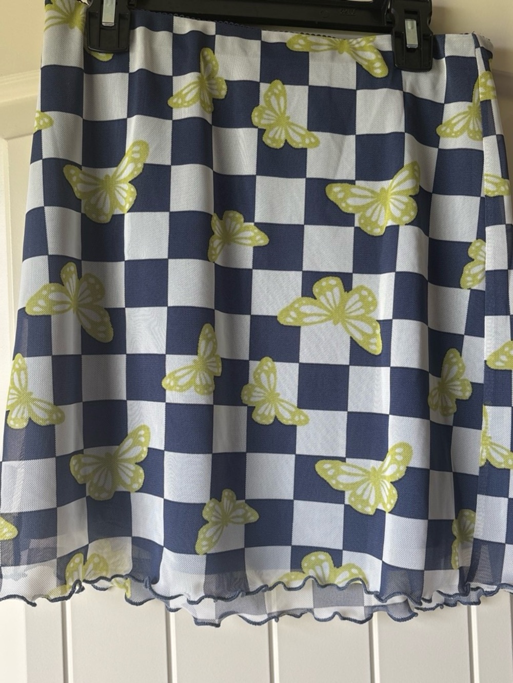 Forever 21 Blue and White Checkerboard Mini Skirt with Yellow Butterfly Print